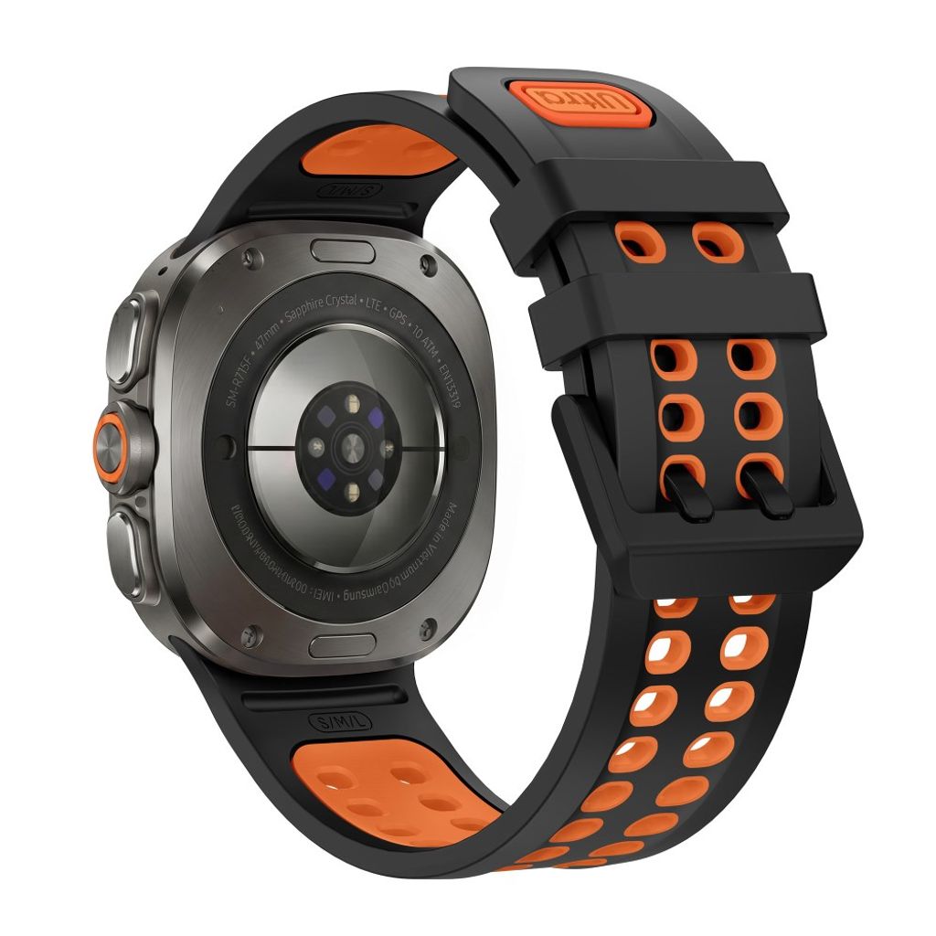 Samsung Galaxy Watch Ultra/Ultra2 Tofarget silikon klokkerem med dobbel spenne - Svart/Oransje