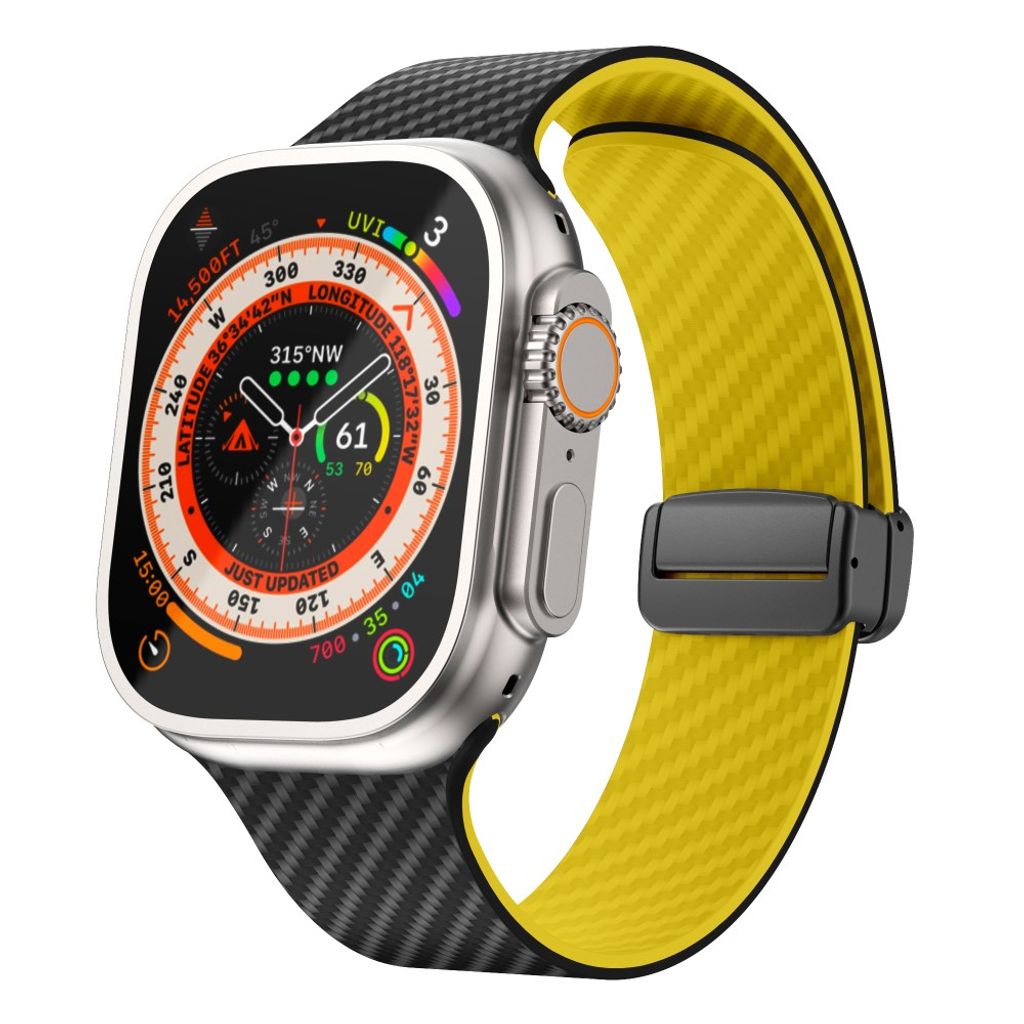 Apple Watch 49 / 46 / 44 / 42mm Klockarmband kolfibertextur - Svart/Gul