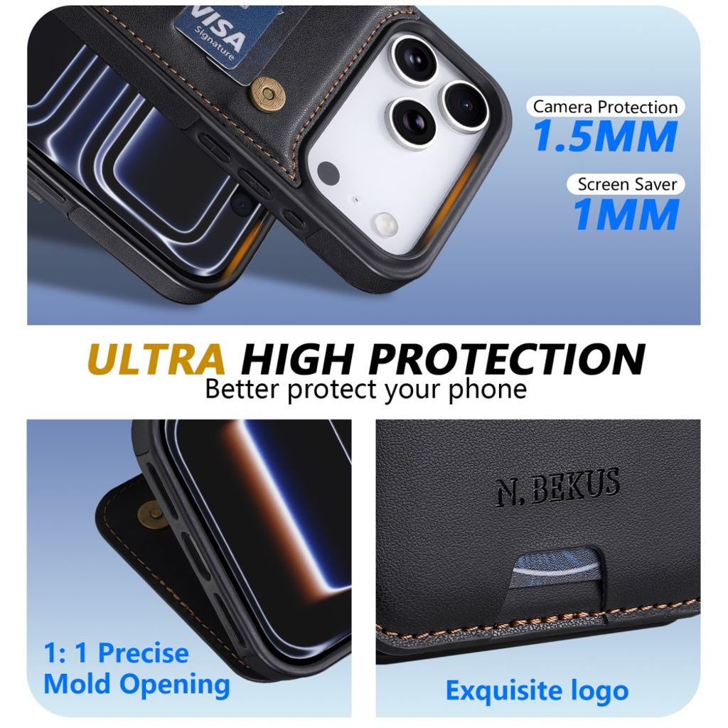 N.BEKUS iPhone 18 Pro Max/17 Pro Max Lompakkokuori RFID-suojauksella - Musta