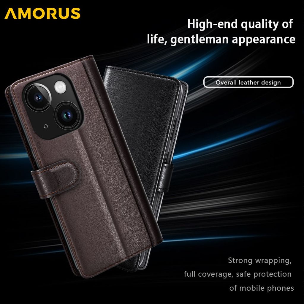 AMORUS iPhone 15 Wallet Cover Stand Real Leather – Brown
