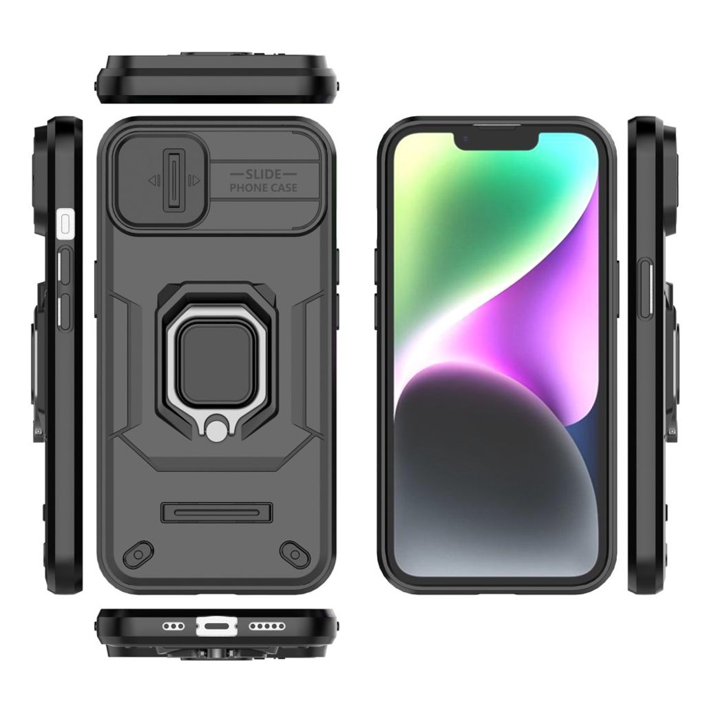 iPhone 14 Cover med kameralinsebeskyttelse og stativ – Sort