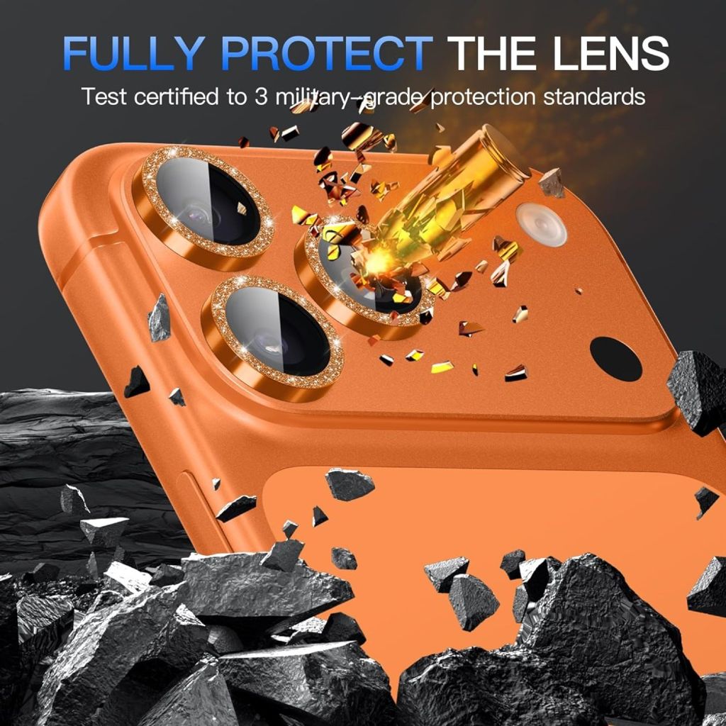 iPhone 18 Pro Glitter Linsskydd Härdat Glas/Metall Ring - Orange