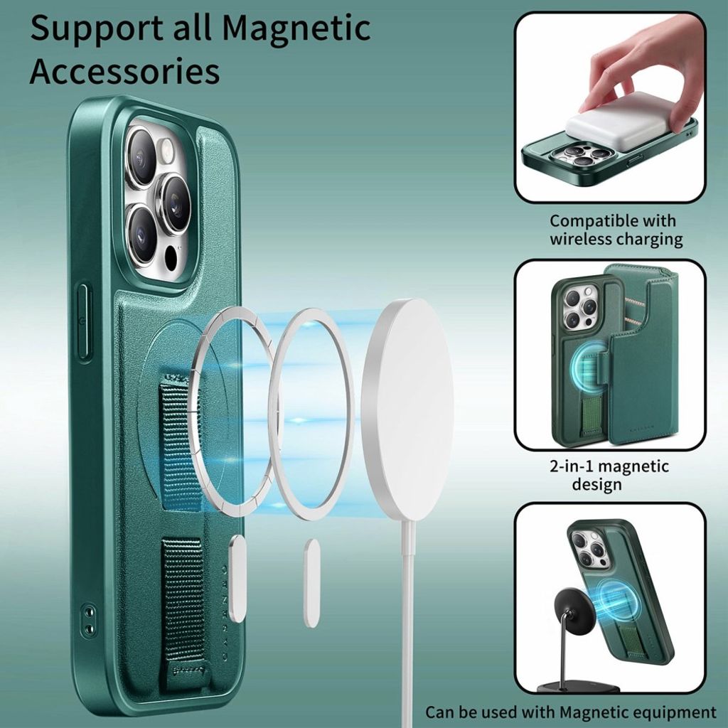 CASENEO iPhone 15 Pro MagSafe Wallet Cover Detachable Wallet - Green