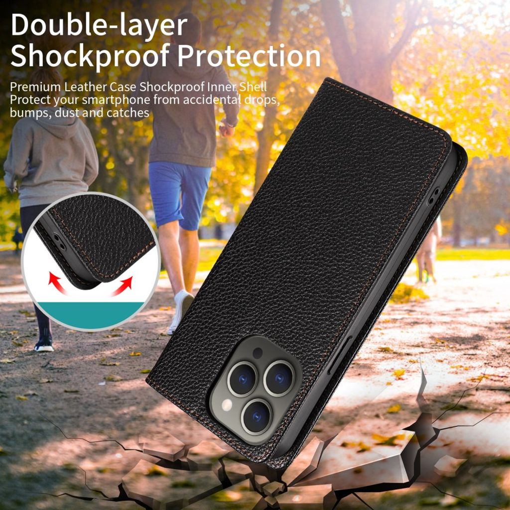 iPhone 14 Pro Lompakkokotelo RFID-estävällä ja jalustalla - Musta