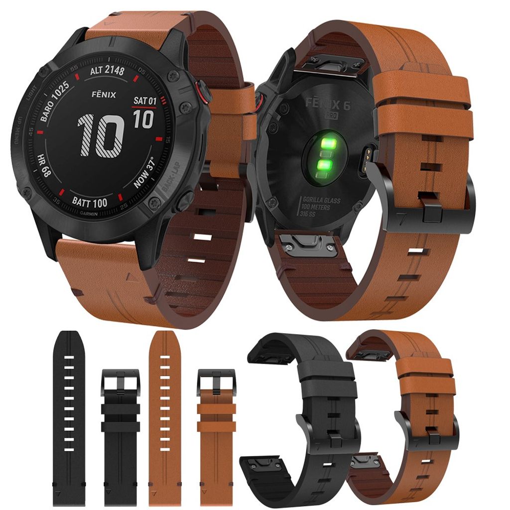 Garmin Fenix 6/5/5 Plus/Forerunner935 osv. Klokkereim i ekte skinn – svart