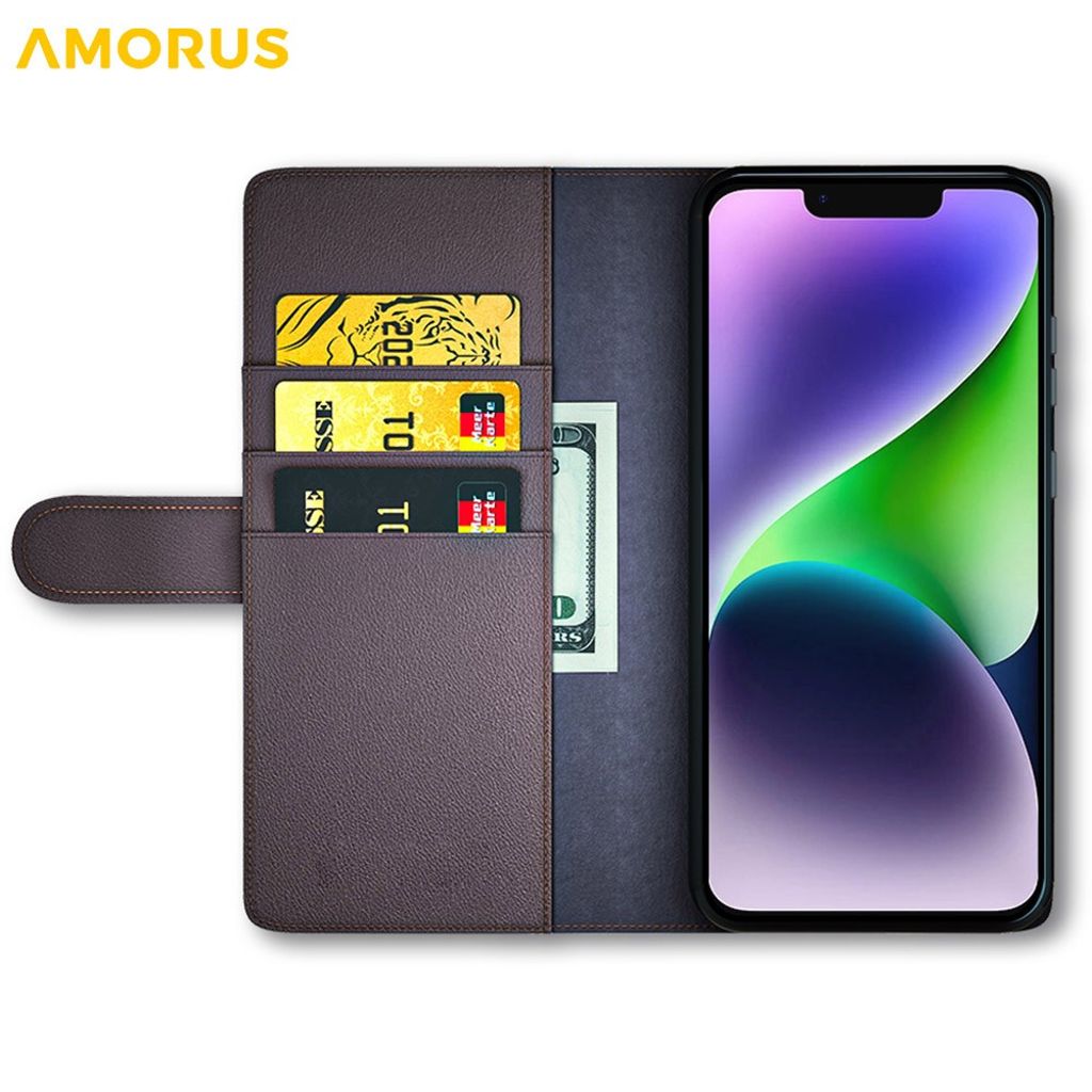 AMORUS iPhone 15 Wallet Cover Stand Real Leather – Brown