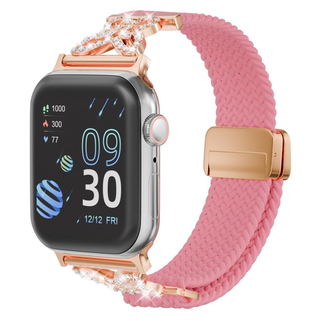 Apple Watch 42/41/40/38mm Flätat Klockarmband i Nylon med Strass - Rosa
