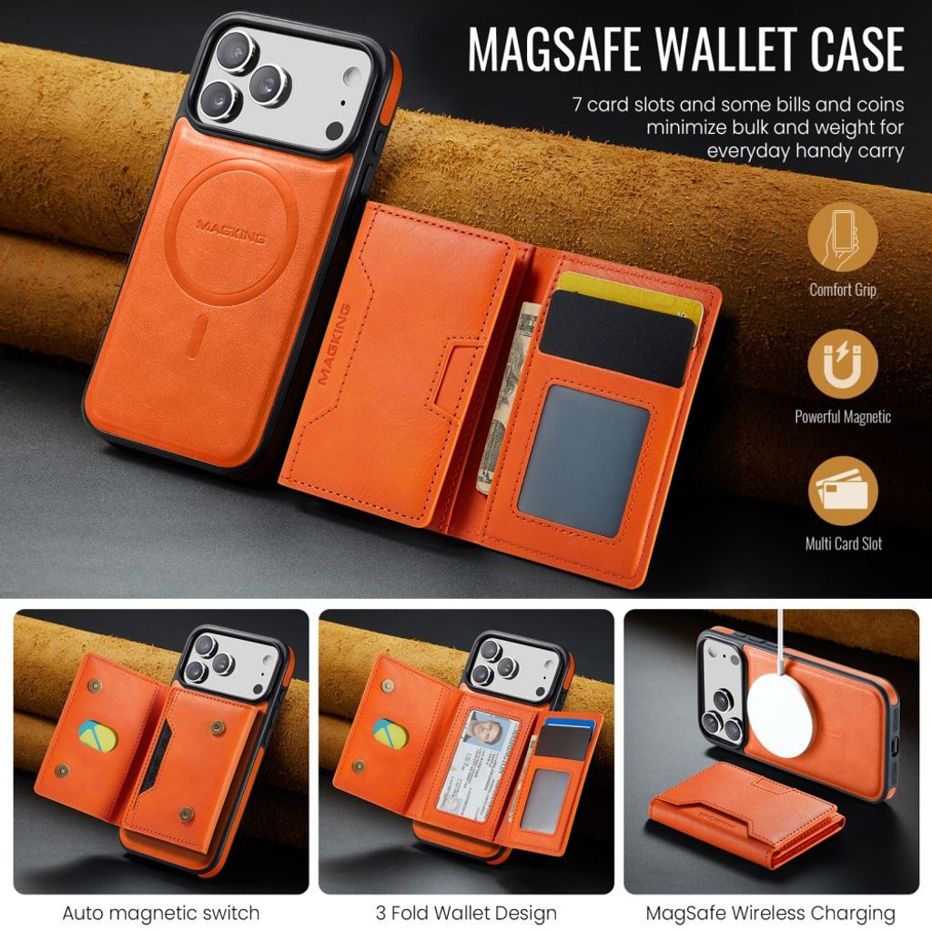 MAGKING iPhone 18 Pro Max/17 Pro Max MagSafe Kuori irrotettavalla lompakolla - Oranssi