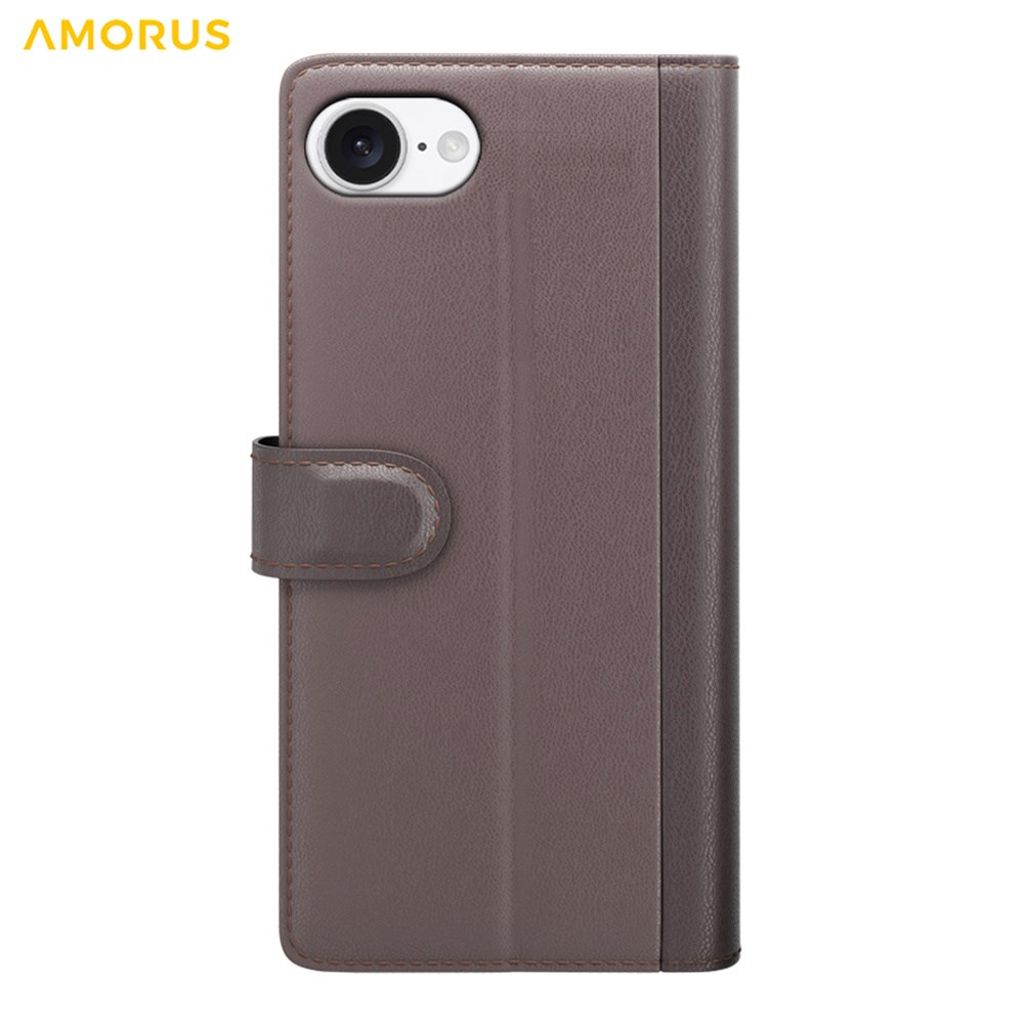 AMORUS iPhone 16e Lommeboketui Stativ Ekte Skinn - Brun