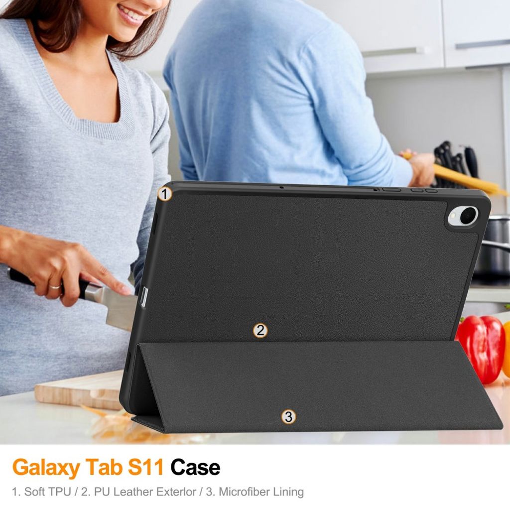 Samsung Galaxy Tab S11 jalustakotelo kynäpaikalla – musta