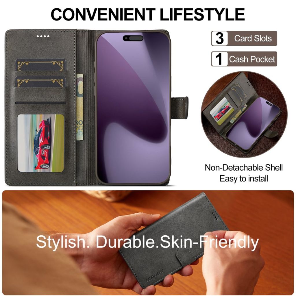 LC.IMEEKE iPhone 17 Pro Wallet Cover with Stand - Grey