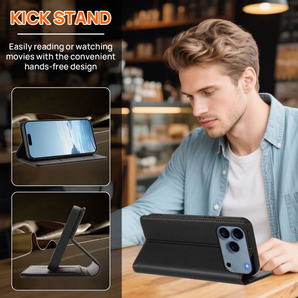iPhone 18 Pro Max/iPhone 17 Pro Max Lommeboketui RFID og Stativ - Svart