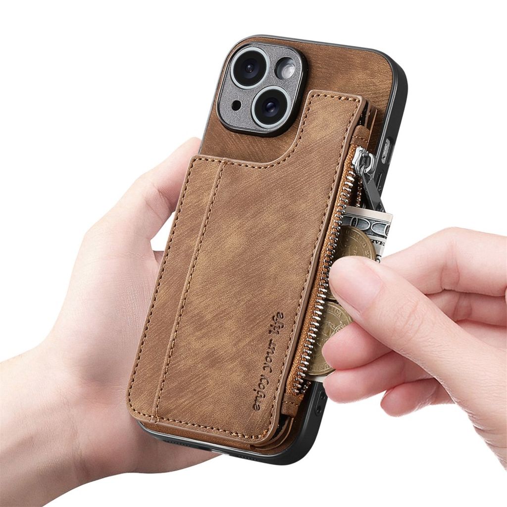 iPhone 14 Cover med Kortholder og Stativ - Brun