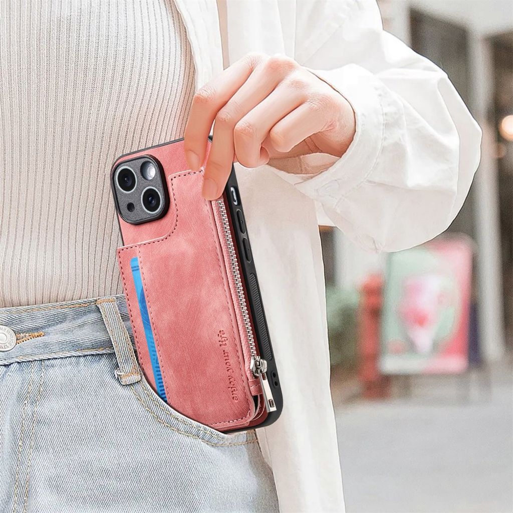 iPhone 14 Pungcover med Kortholder og Stativ - Lyserød