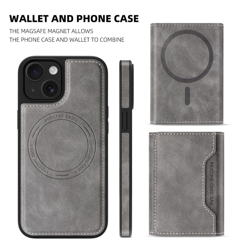 iPhone 15 Cover MagSafe Aftagelig Pung – Grå