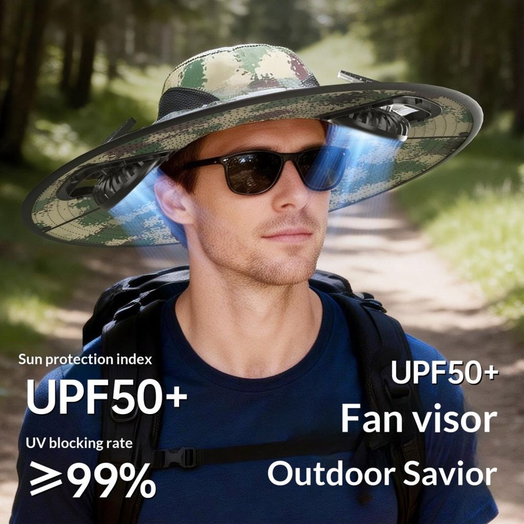 Solhatt med inbyggda soldrivna fläktar & UPF50+ UV-skydd – Kamouflagegrön