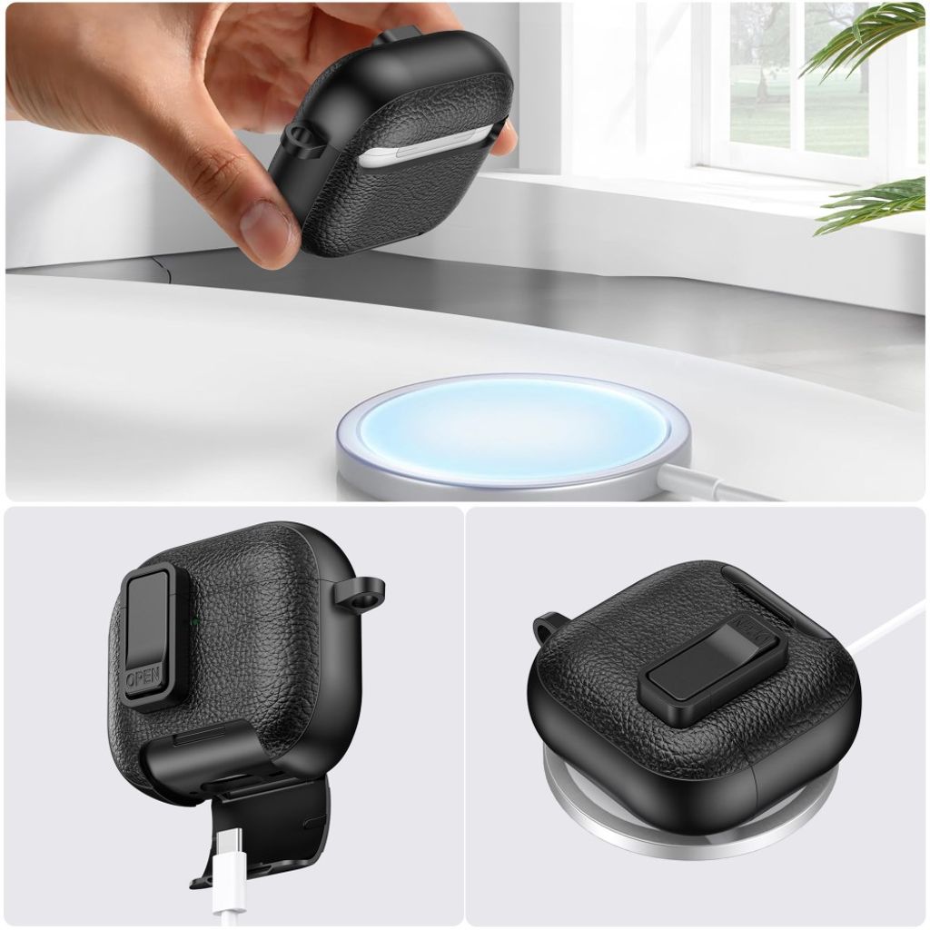 AirPods 4 Deksel Låsbart Stativ PU-lær Karabinkrok - Svart/Mørkblå