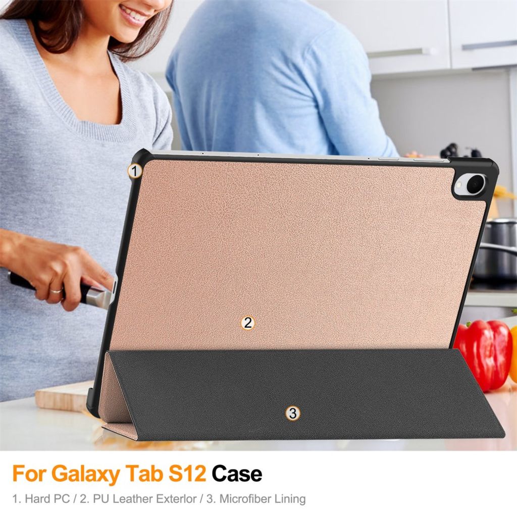 Samsung Galaxy Tab S12 Plus Slimmat Tri-fold stativfodral - Roséguld