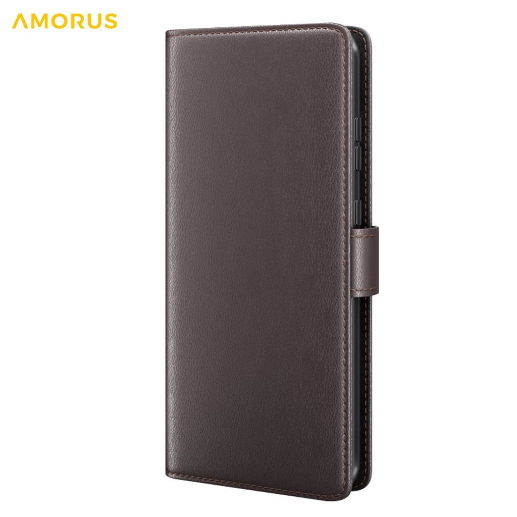 AMORUS iPhone 16e Lommeboketui Stativ Ekte Skinn - Brun