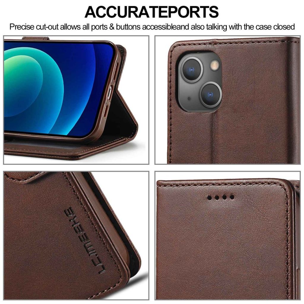 LC.IMEEKE iPhone 14 Pungetui med Stativ i PU Læder – Brun