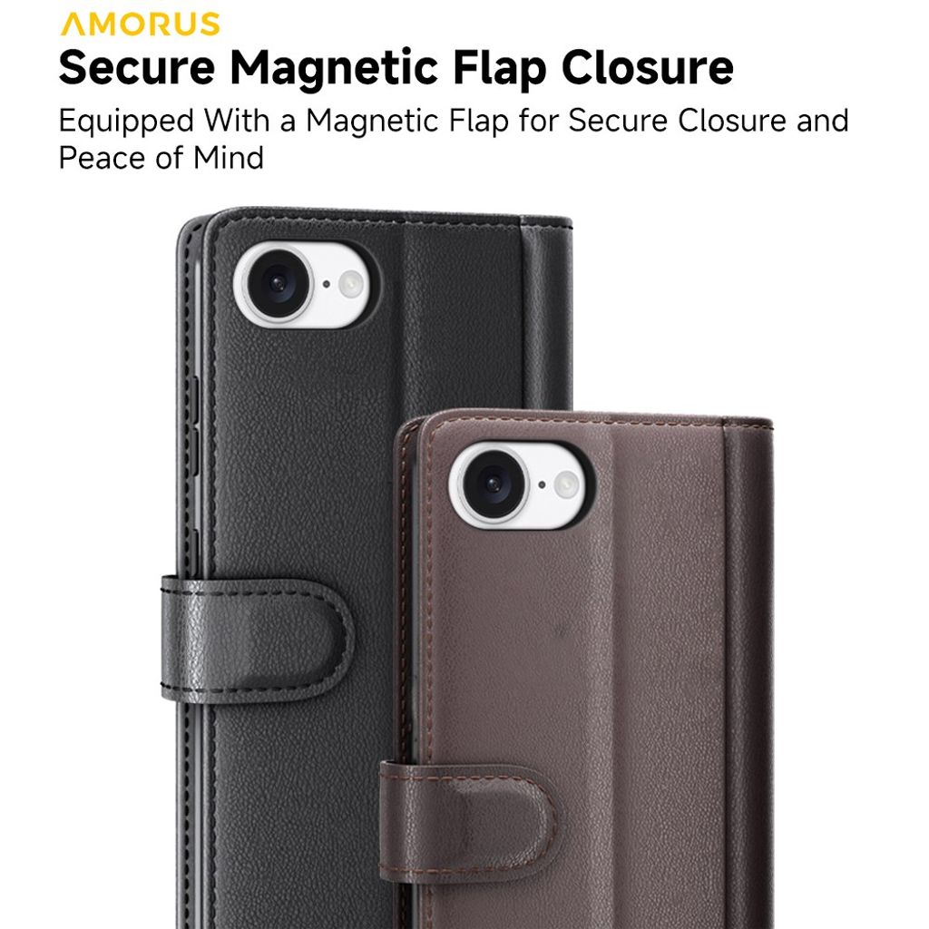 AMORUS iPhone 16e Wallet Cover Stand Real Leather - Black