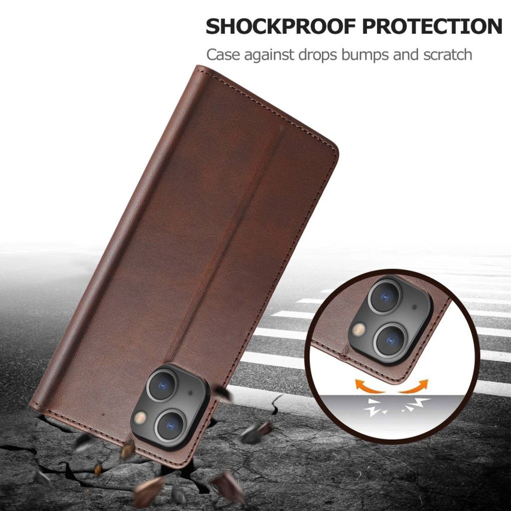 LC.IMEEKE iPhone 14 Pungetui med Stativ i PU Læder – Brun