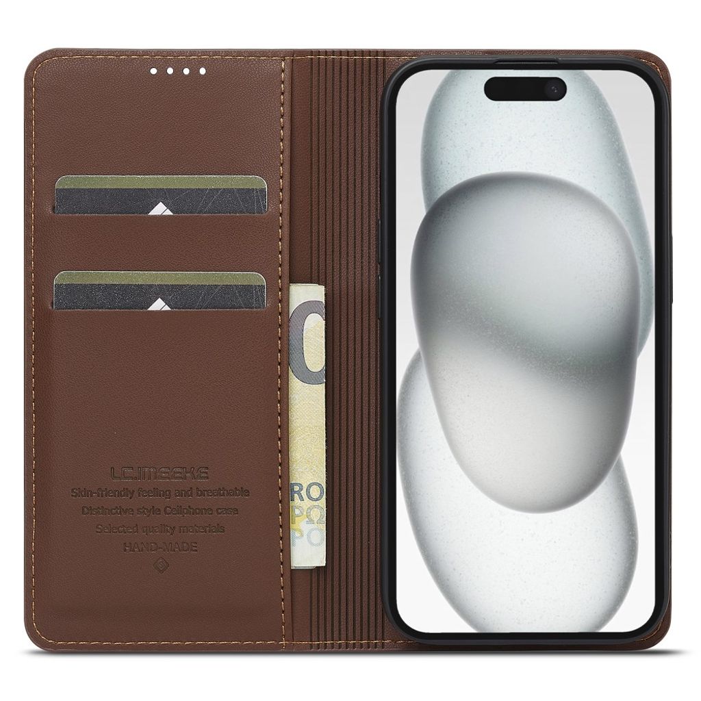 LC.IMEEKE iPhone 15 Wallet Cover Stand PU Leather - Brown