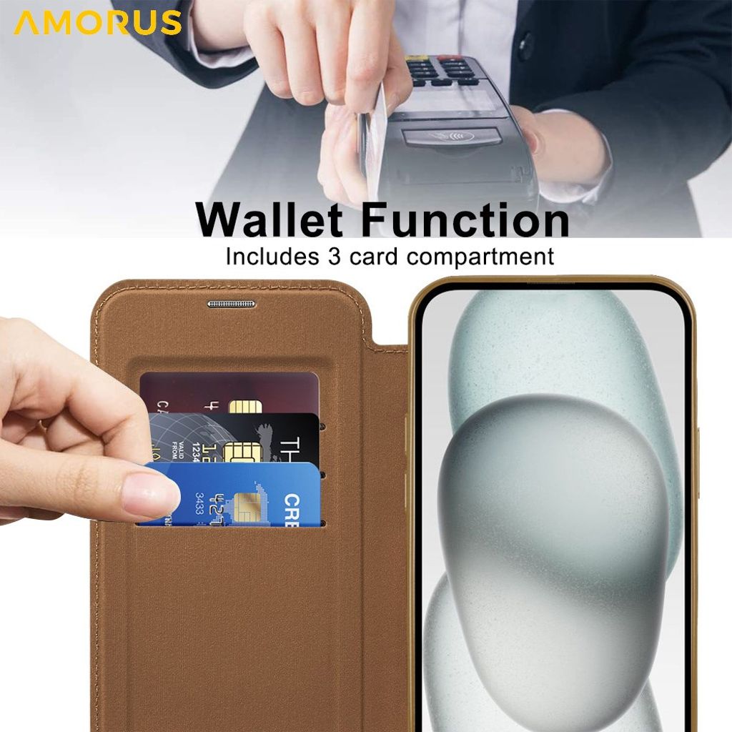 AMORUS iPhone 14 Pungetui MagSafe/Kortholder – Brun