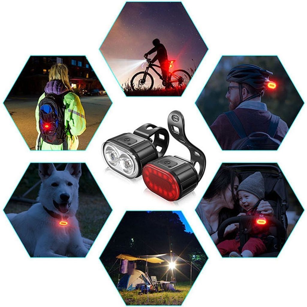 LED Cykkellampa set fram & bak, uppladdningsbar USB