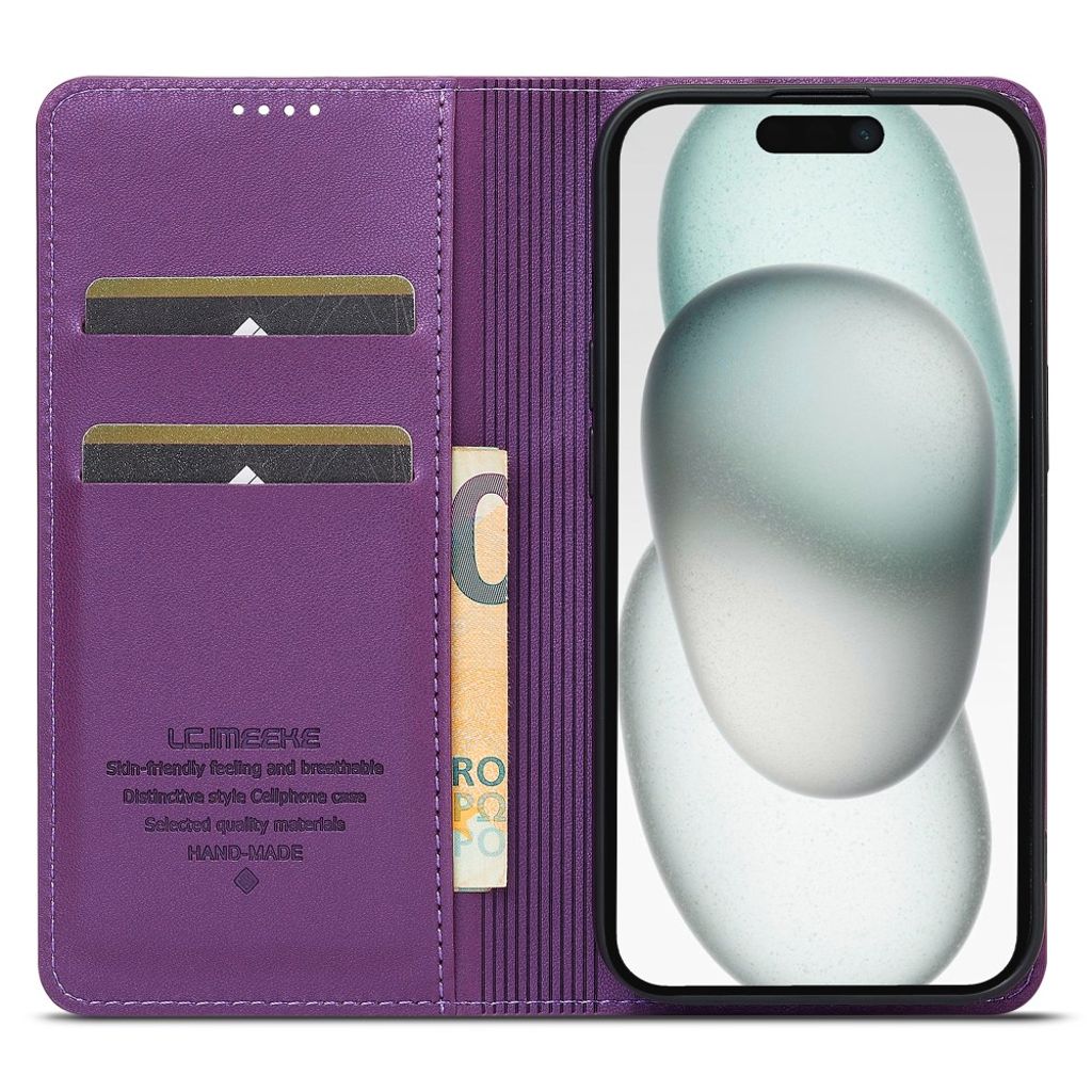 LC.IMEEKE iPhone 15 Wallet Cover Stand PU Leather – Purple