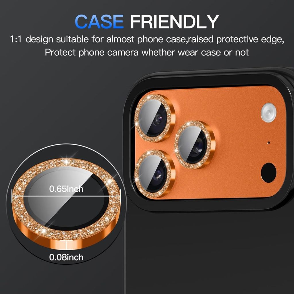 iPhone 18 Pro Glitter Linsskydd Härdat Glas/Metall Ring - Orange