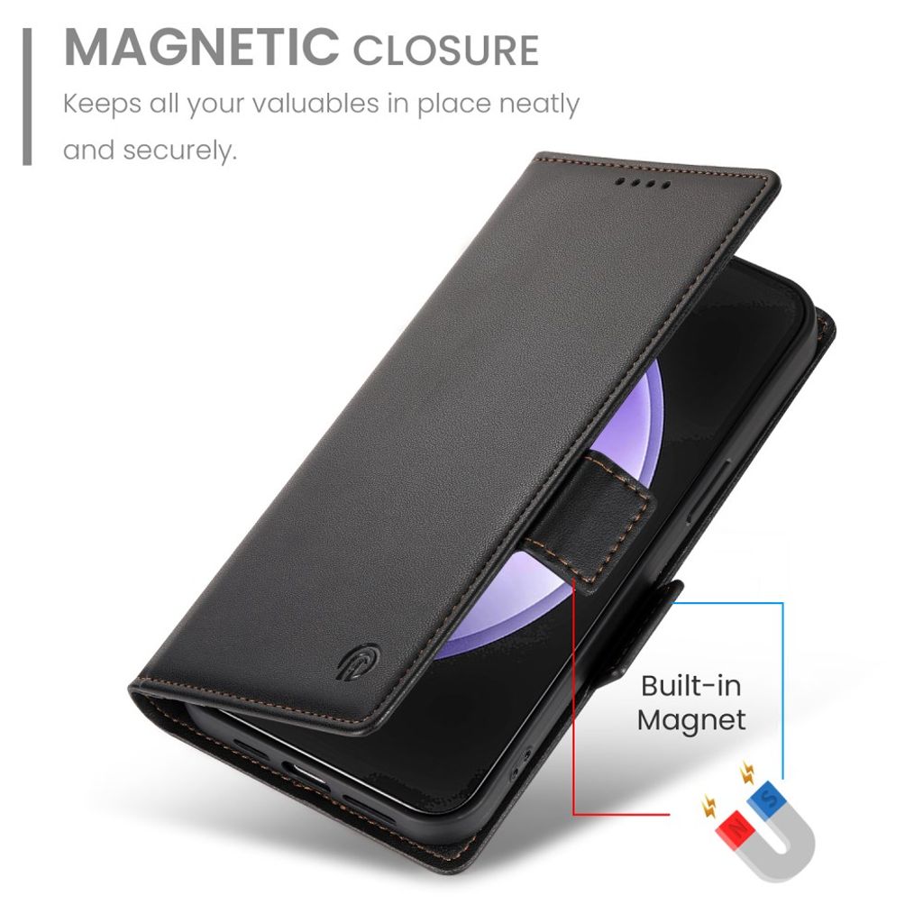 Samsung Galaxy S26 FE PU-skinnlommebokdeksel med stativ – svart