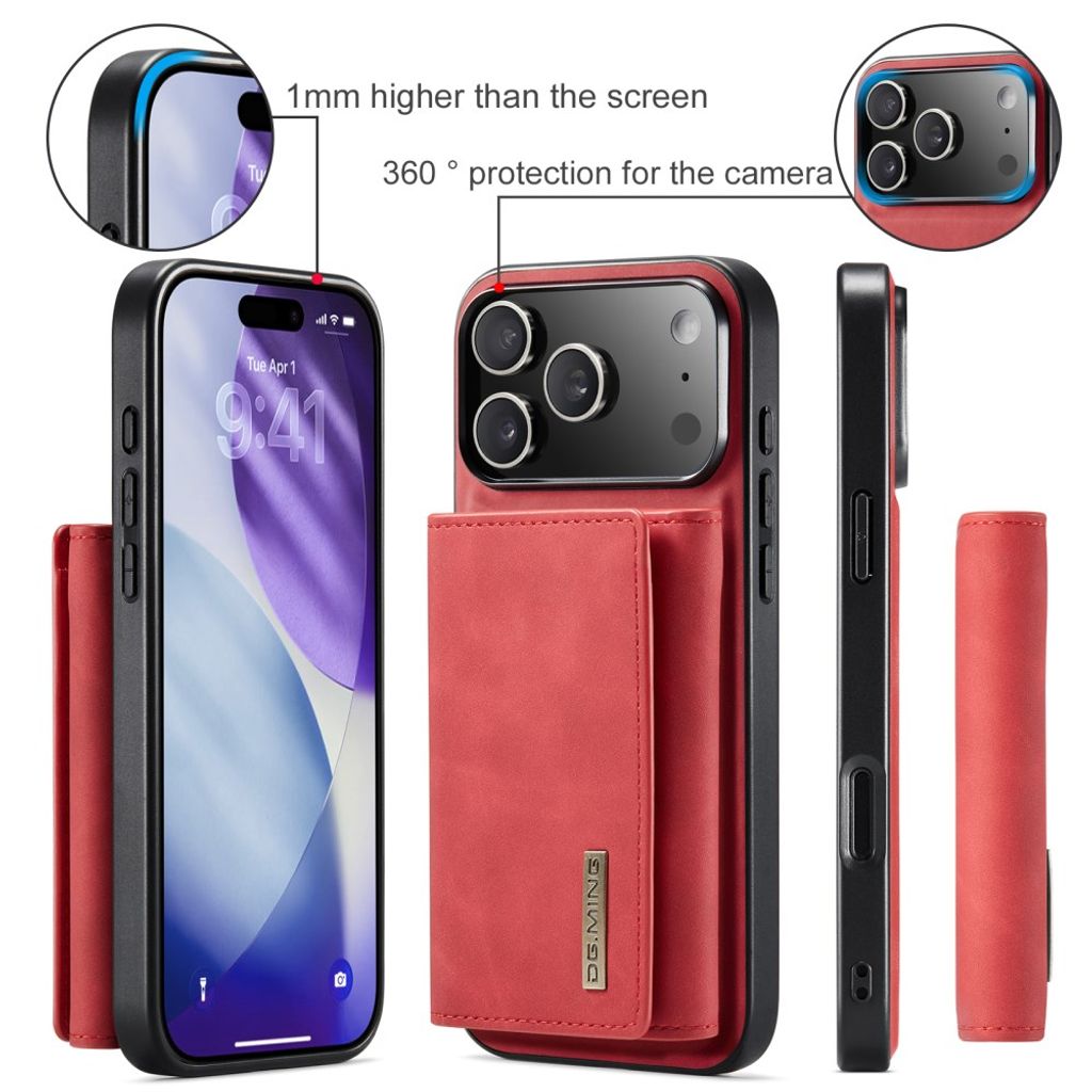 DG.MING M1 iPhone 18 Pro/17 Pro Deksel med Stativ & Avtakbar Lommebok - Rød