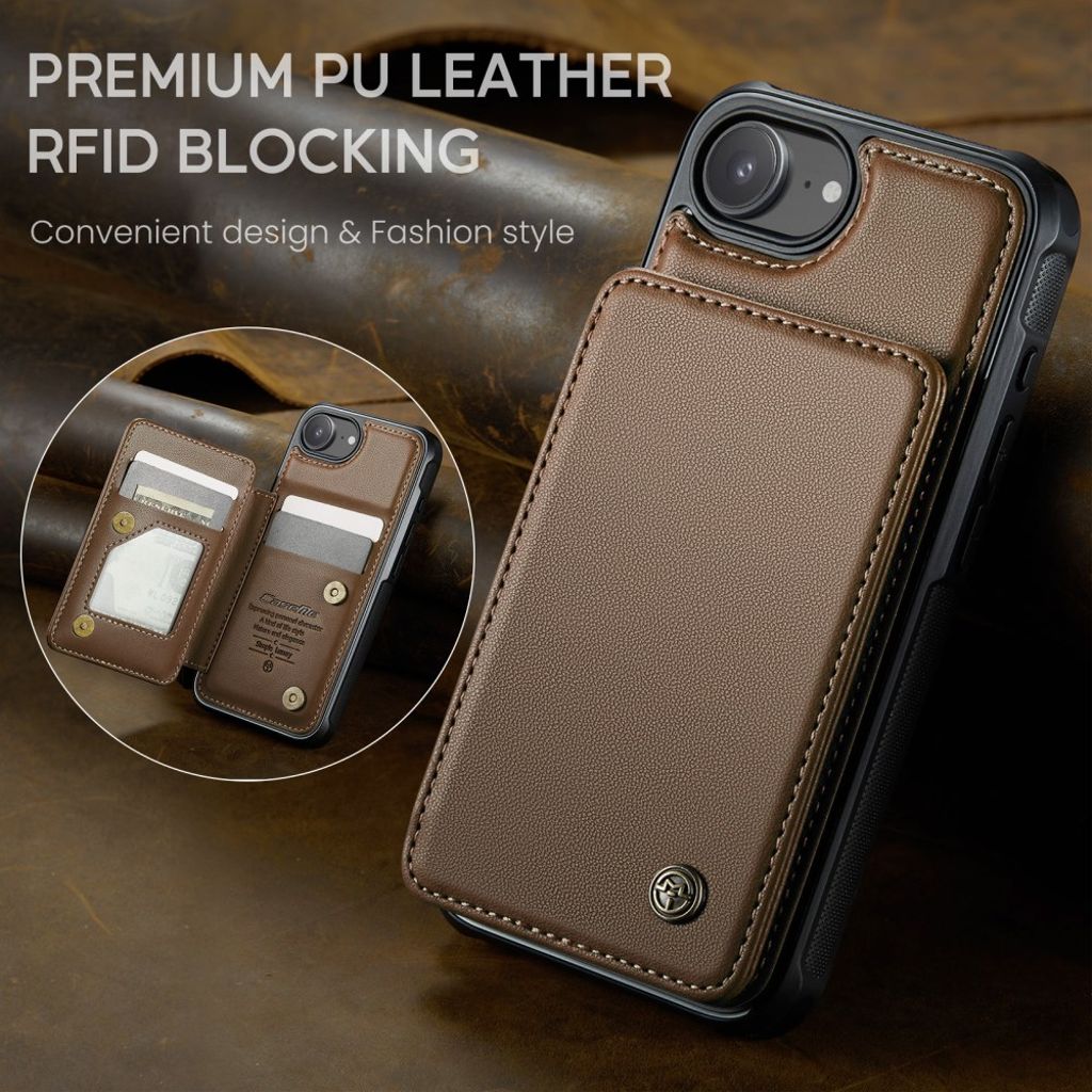 CASEME C22 Wallet Case with RFID Blocking for iPhone 16e – Brown