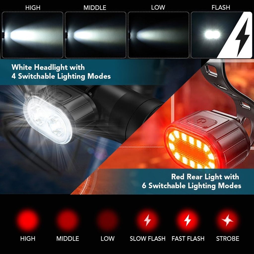 LED Cykkellampa set fram & bak, uppladdningsbar USB