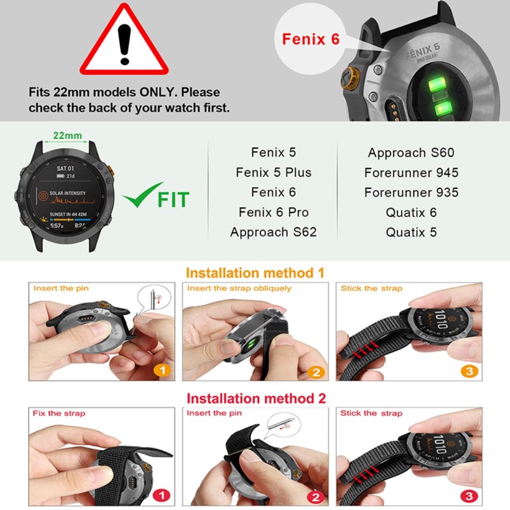 Garmin Fenix 6S/Vivomove3/Vivomove HR m.fl. Klockarmband i Nylon – Svart