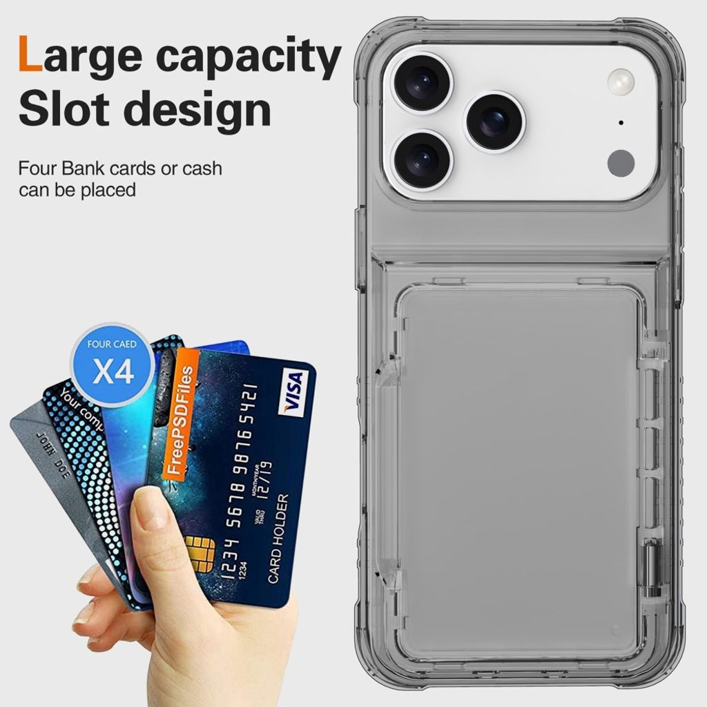 iPhone 17 Pro Max Kuori, Jalusta, Korttipaikka - läpinäkyvä musta