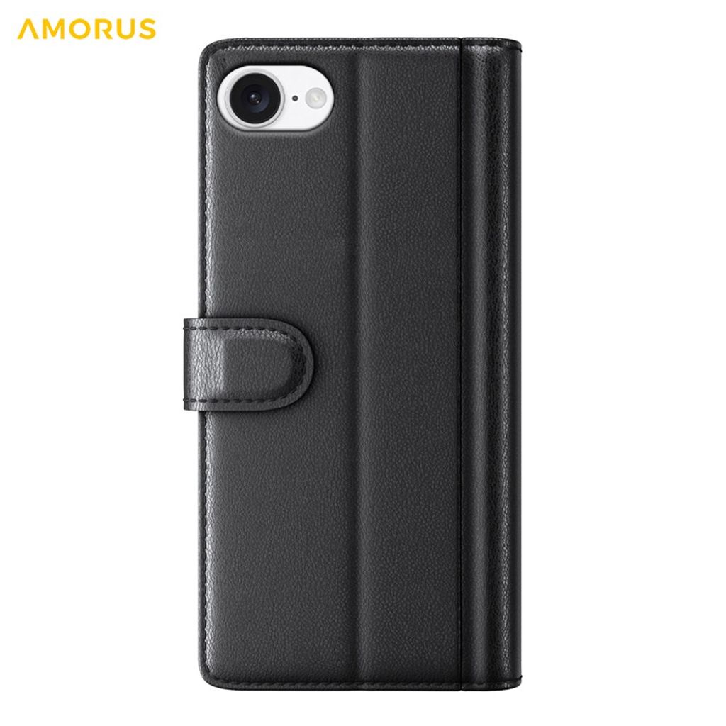 AMORUS iPhone 16e Wallet Cover Stand Real Leather - Black