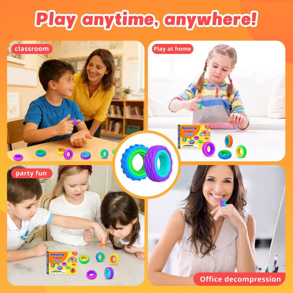 Sensoriska silikonringar för barn – stresslindrande fingerleksak, 6-pack 