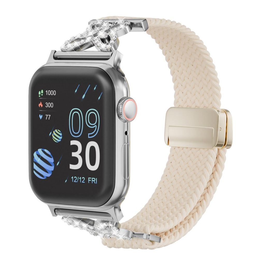 Apple Watch 49/46/44/42mm Flätat Klockarmband i Nylon med Strass - Vit