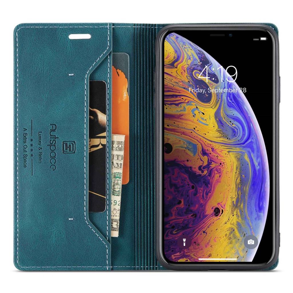 AUTSPACE Plånboksfodral med RFID och stativ för iPhone X/XS – Blå