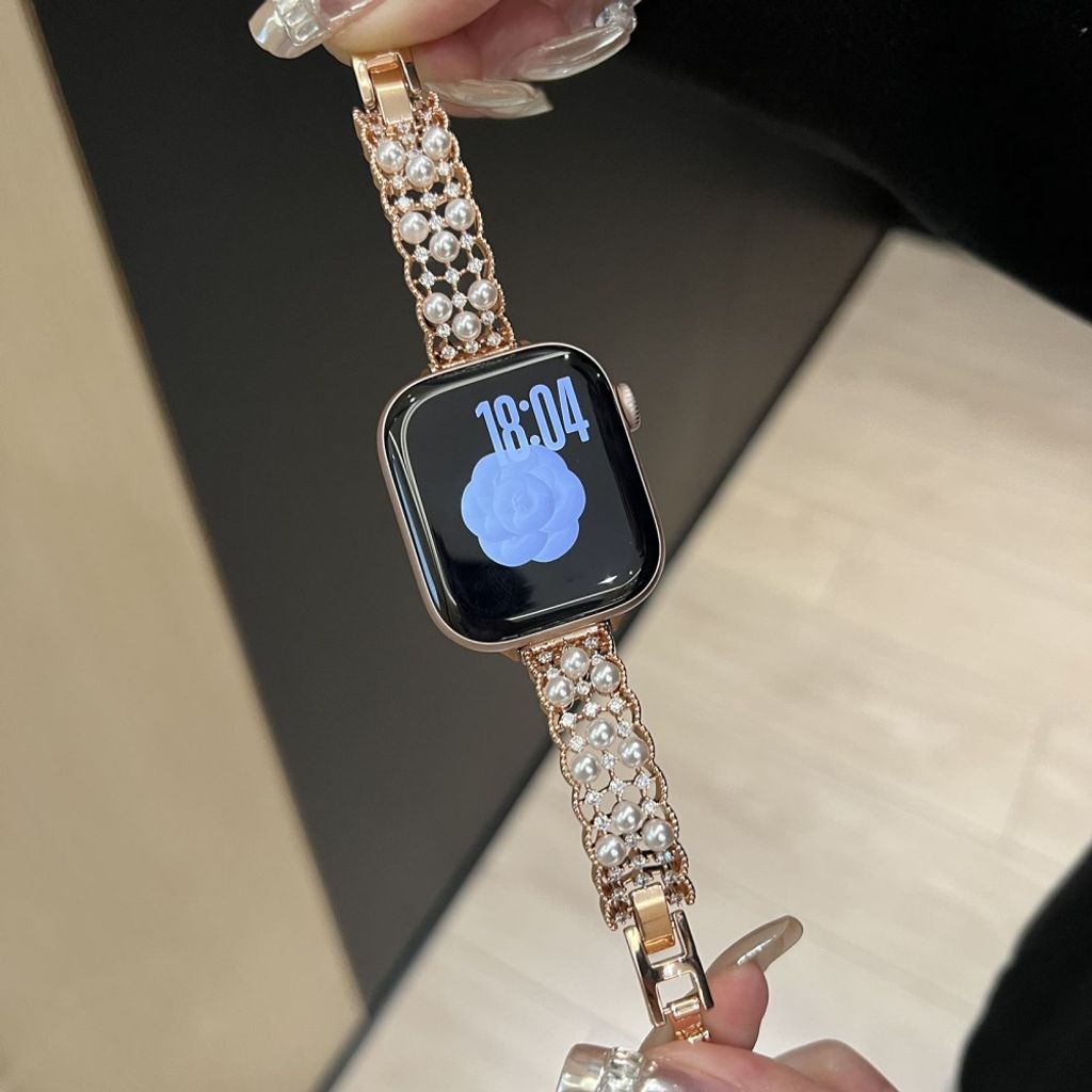 Apple Watch 42/44/46/49mm Urrem med perle- og krystaldesign - Rose guld