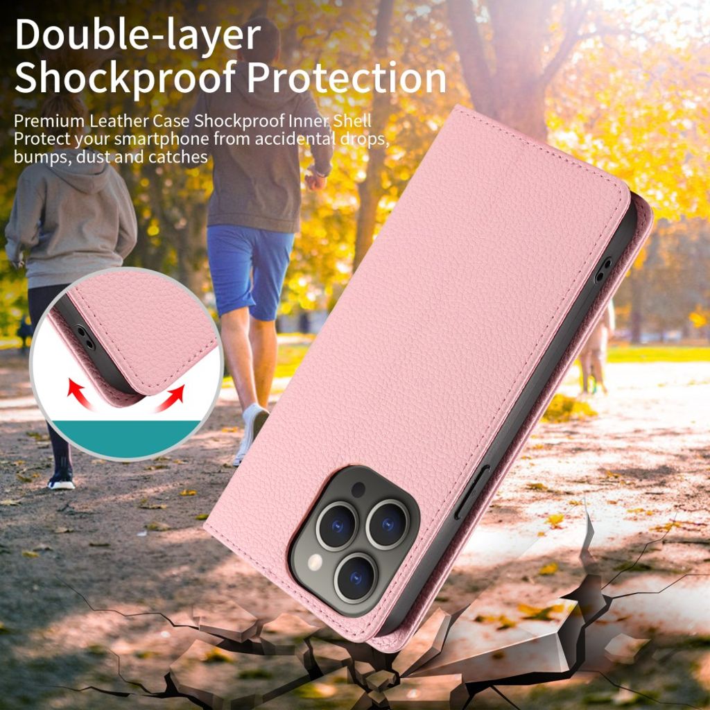iPhone 14 Pro Max RFID Blocking Wallet Cover - Pink