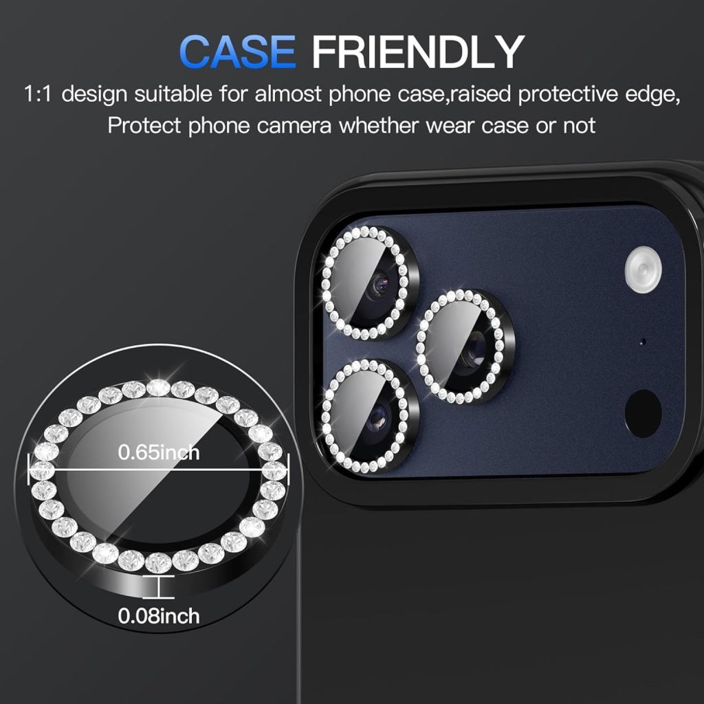 iPhone 18 Pro Kameralinsskydd Härdat Glas/Metallring strass - Svart