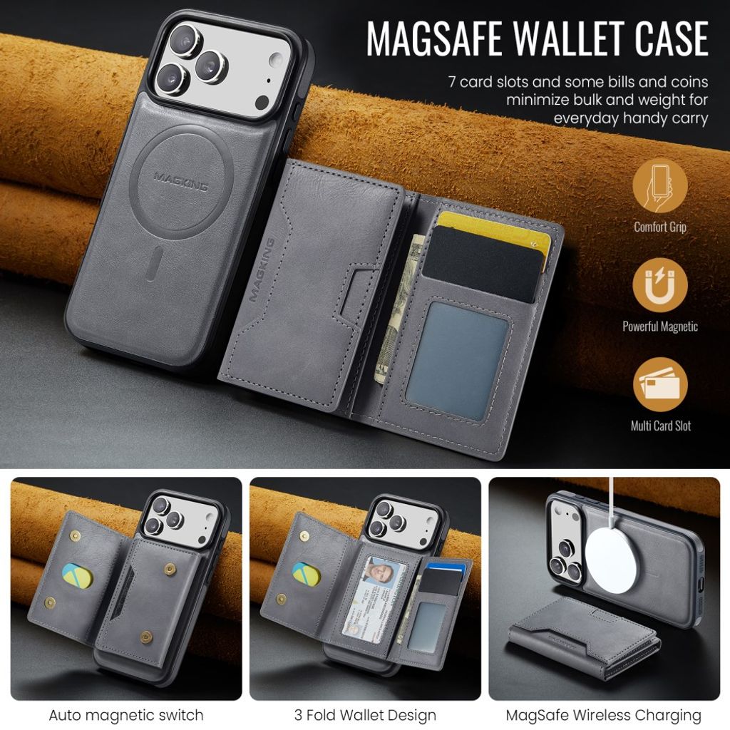 MAGKING iPhone 18 Pro Max/17 Pro Max MagSafe Kuori irrotettavalla lompakolla - Harmaa