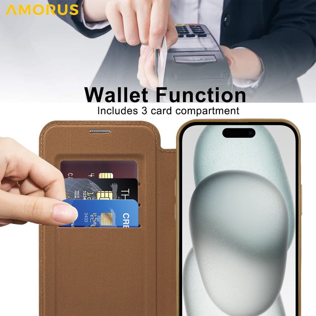 AMORUS iPhone 15 Plus Kotelo MagSafe - Ruskea