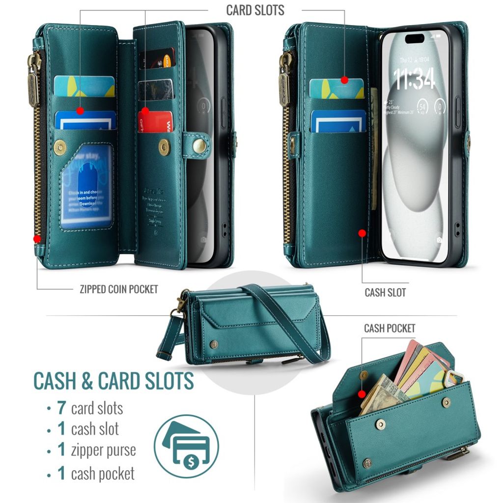 CASEME iPhone 15 Wallet Cover RFID Blocking Card Holder Stand - Green