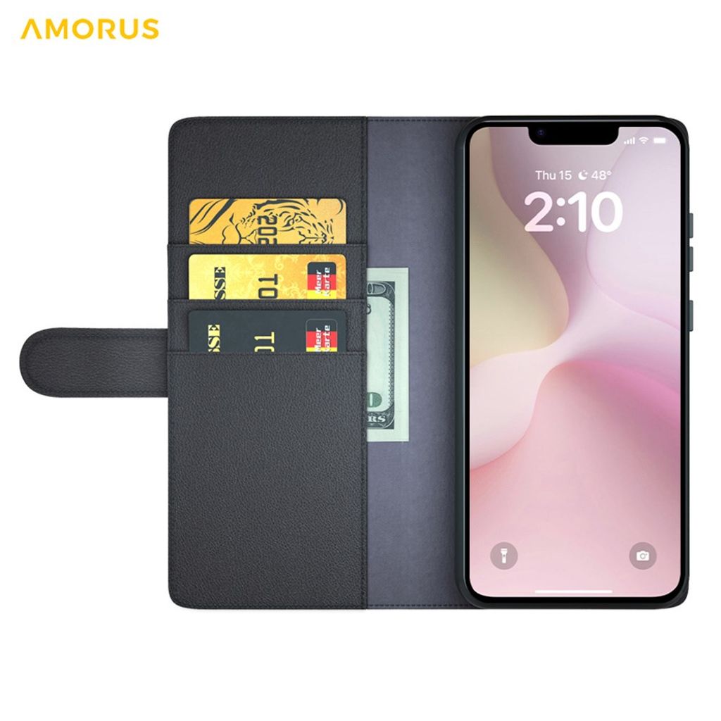 AMORUS iPhone 16e Wallet Cover Stand Real Leather - Black