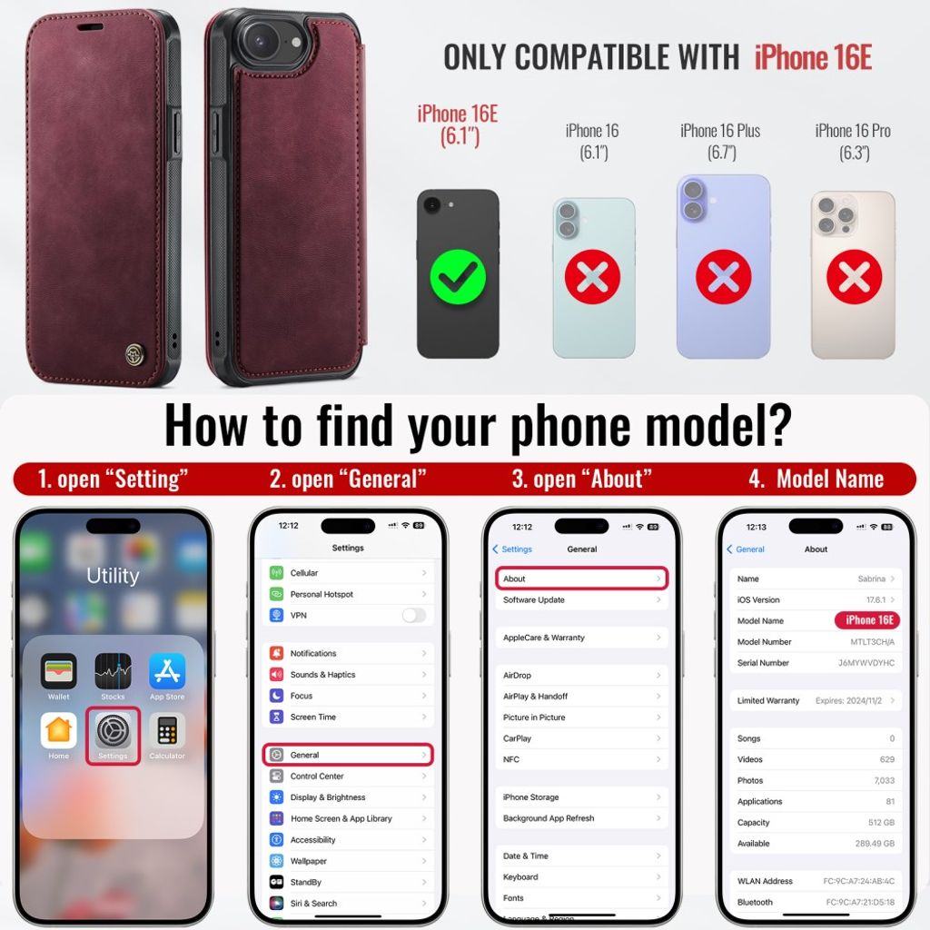 CASEME 053 iPhone 16e/iPhone 17e Lommeboketui MagSafe RFID Blokkerende - Rød