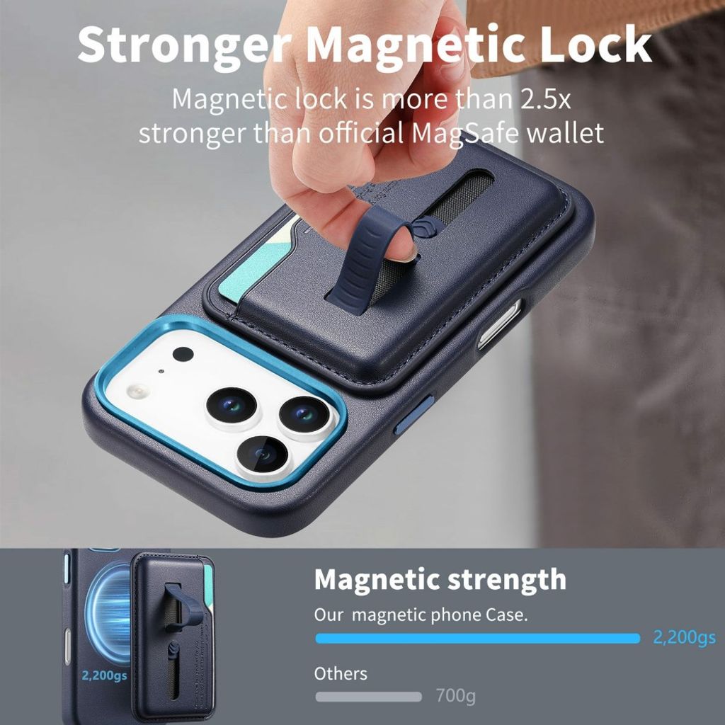 iPhone 17 Pro Max MagSafe Lommebokdeksel med Finger-Ring Stropp – Mørkblå